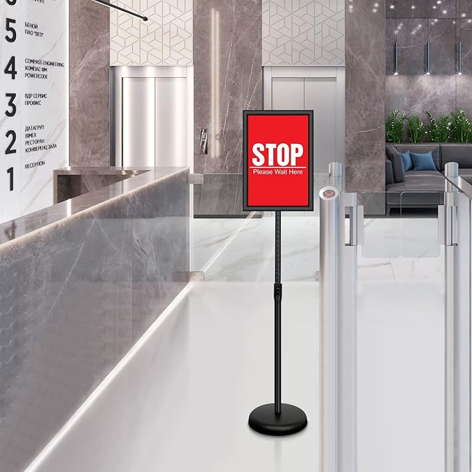 VAIIGO 6Packs 8.5x11 Inch Adjustable Pedestal Poster Sign Stand, Heavy Duty Floor Standing Sign Holder Stand Aluminum Snap Open Frame for Vertical and Horizontal View Sign Displayed(Black)