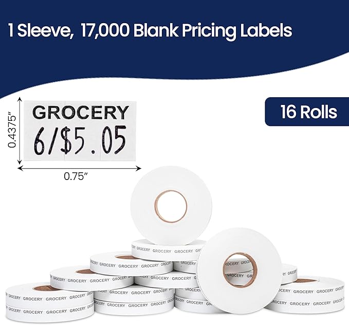 Perco Grocery Labels to fit Monarch 1110 Price Gun - 16 Rolls, 17,000 Labels with Ink Roll Included