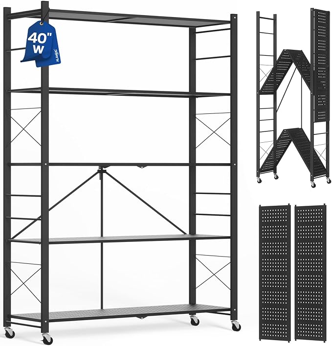 ALANNG 40" W Foldable 5-Tier Storage Shelves with Wheels, Adjustable & Removable Metal Rack, Heavy Duty Rolling Organizer for Kitchen, Garage, Closet, Pantry, and Office (Black,1 Pack)