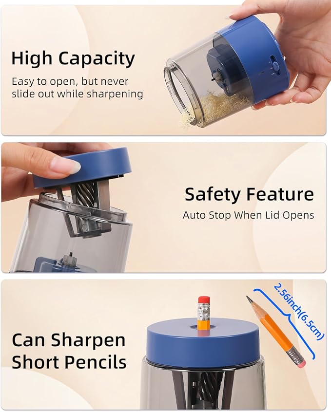 ZMOL Electric Rechargeable Pencil Sharpener, Automatic Pencil Sharpeners Kids, Battery Pencil Sharpeners for Colored Pencils, Auto Stop, Suitable for No.2(6-8mm), Classroom/Home Blue