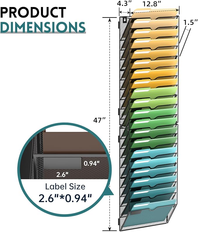 SUPEASY Wall File Organizer Mesh Office Mail Holder, Hanging Wall Organizer Magazine Rack for Office Black, 20 Tier