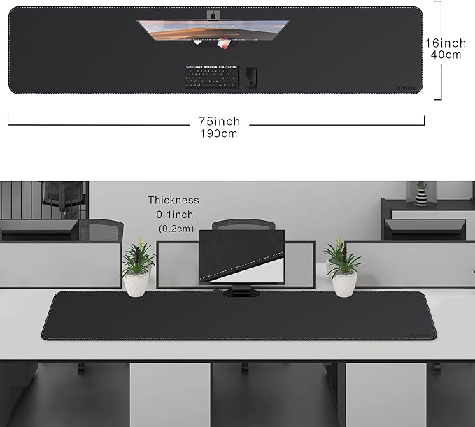 CENNBIE Leather Desk Mat Protector, 74.8" x 16" Extra Large Leather Office Desk Pad Mat for Full Desk, Computer Desk Mat on top of desks - Oversized Large Mouse Pad (Black)