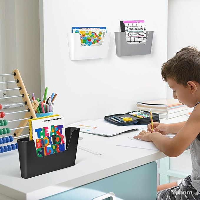YOHOM No Drilling File Holder Wall Mails Magazines Organizer Adhesive Door Mount, Single Pocket, (White 1) (BLACK, 3 PCS)