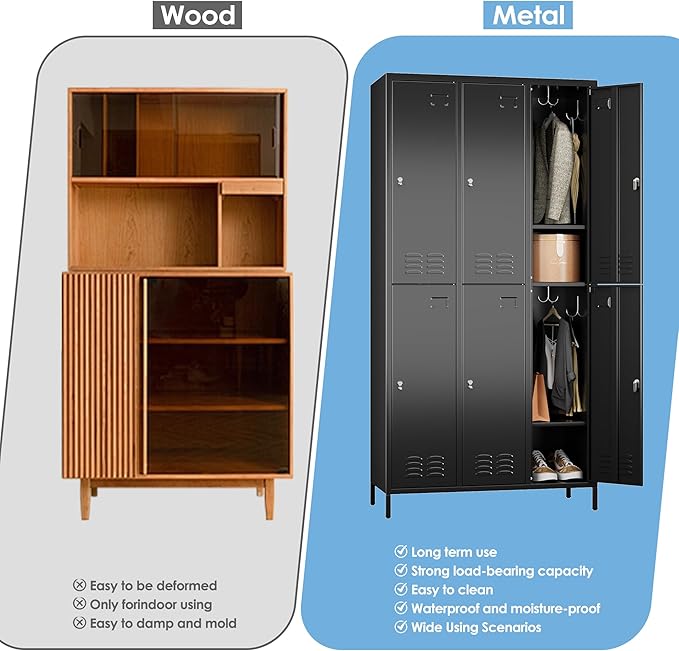 SUPEER 6 Doors Metal Locker for Employees with 18 Hooks and Business Card Holder,Metal Locker with Ventilation Holes for School Garage Office Gym Home,Assembly Required,Black