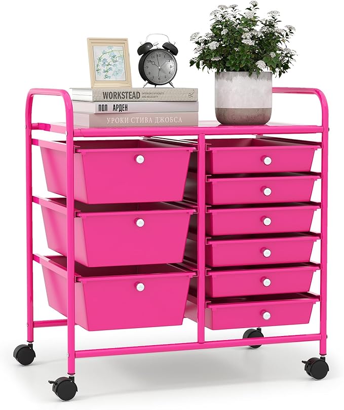 LDAILY 9 Drawer Rolling Storage Cart, Rolling Cart with Drawers for Classroom, Art Supply Craft Organizer on Wheel with Metal Frame & Handles for Home Office School