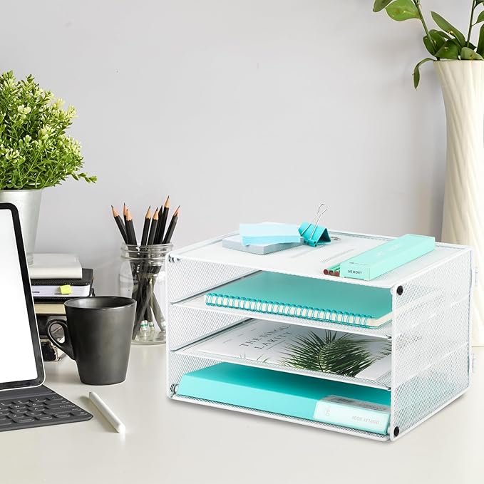 EASEPRES 3 Tier Mesh Desk Organizer Tray, Desktop Mail File Paper Letter Folder Holder Sorter Organization Rack Storage Accessories for Office Home School Classroom, White