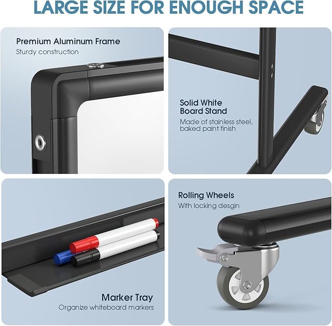 MaxGear Large Rolling Whiteboard with Stand, 72" x 40" Double-Sided Magnetic Dry Erase Board on Wheels, Reversible Standing Whiteboard Easel with Aluminium Frame for Classroom, Office, School, Black