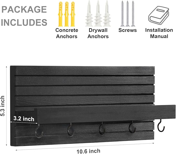 Lwenki Decorative Key Holder for Wall with Shelf, Entryway Shelf with Hooks Holds Leashes, Jackets and Glasses – Sturdy Wood Keyholder Entrance Hanger with Mounting Hardware (Black, Medium)