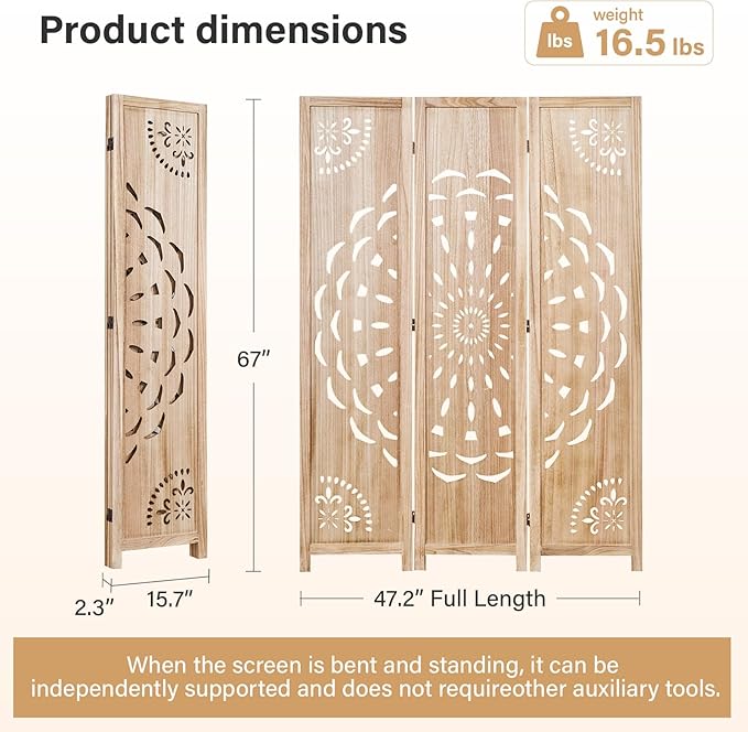 66.9Inch Wooden Room Partition - 3 Panels Boho-Styled Space Room Divider for Home/Office, Headboard & Yoga/Photo/Video Call Backdrop (Natural)