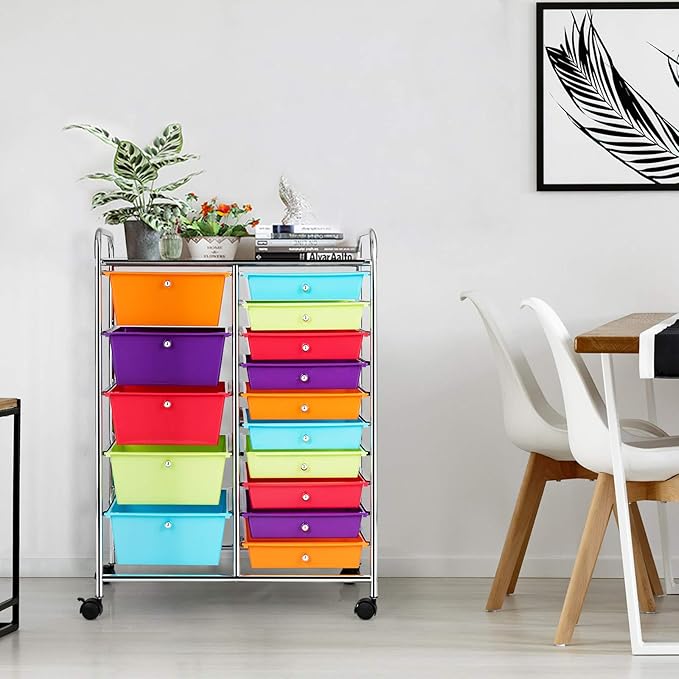 LDAILY 15 Drawer Rolling Storage Cart, Rolling Cart with Drawers for Classroom, Art Supply Craft Organizer on Wheel with Metal Frame & Handles for Home Office School