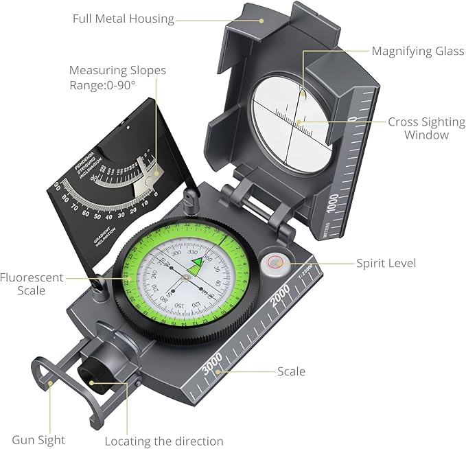 Anbte Compass Hiking Survival, IP65 Waterproof Metal Compass with Sighting Clinometer and Carry Bag, Multifunctional, Professional, for Camping Hunting Hiking Navigation