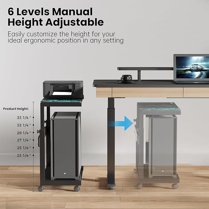 EUREKA ERGONOMIC PC Stand Computer Cart Frosted Glass, Height Adjustable Tower Stand 2-Tier Suit for ATX Case Printer, Metal Rolling Cart on Wheels for Gaming Home Office, Black
