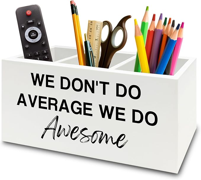 XPH Inspirational Pen Pencil Holder Organizer for Desk, Inspirational Gifts for Women, We Don't Do Average We Do Awesome Motivational Wooden Box Sign for Home Office Desk Tabletop Decorations