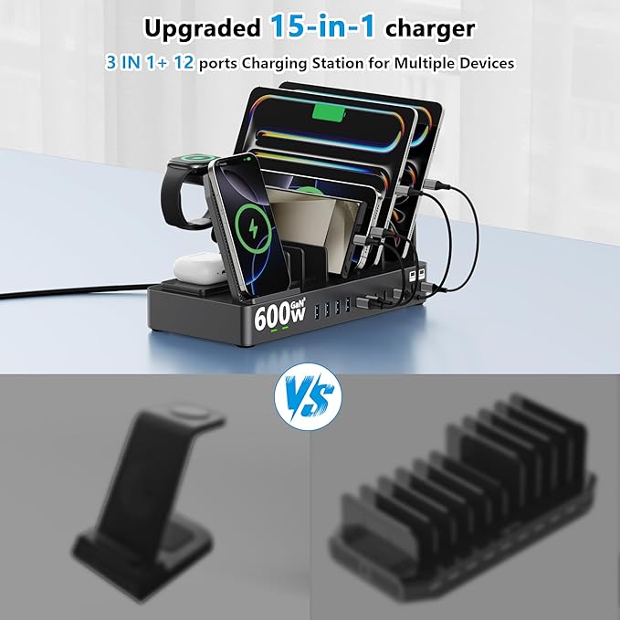 600w Charging Station for Multiple Devices, 15 in 1 Wireless Charging Station for Apple, Dual 100w USB C Tablet Charging Station for MacBook,iPhone,iPad,Tablet(Black)