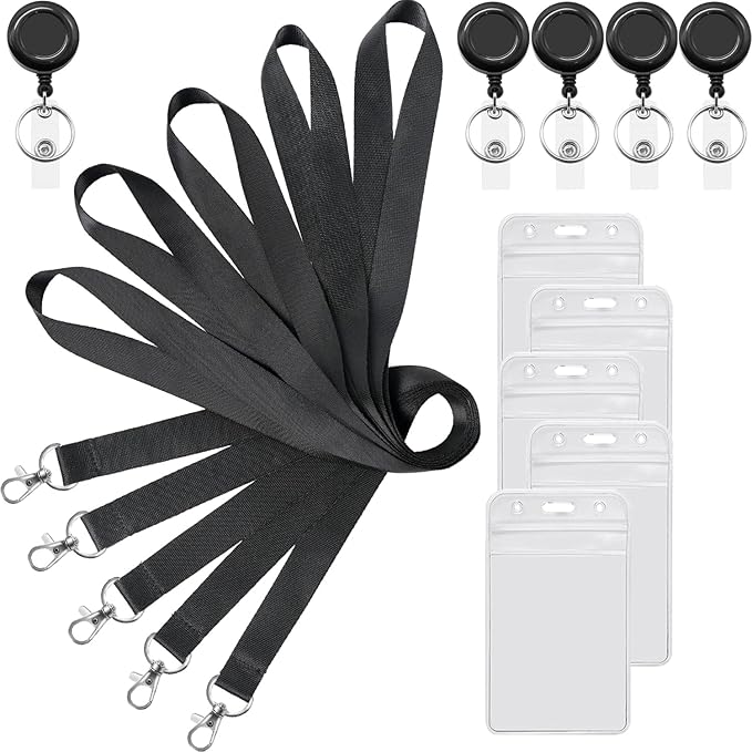 YOUOWO 5 Pack Black Lanyards with Vertical ID Badges Holder and Retractable Badge Reels,Neck Lanyard for Keys Card Holder