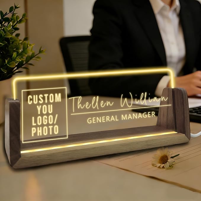 Desk Name Plate Personalized with Logo Custom Light Up Acrylic Plaque for Desk Customized Office Gifts for Boss Coworkers Teacher Employee Office Decor for Women Men