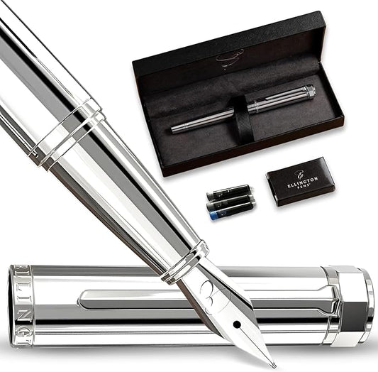 Ellington Pens Luxury Fountain Pen Set - Extra Fine Nib- Includes 3 Ink Cartridges, Refillable Ink Converter, Gift Box- Fountain Pens For Writing, Calligraphy, Journaling, Sketching (Silver Sonata)