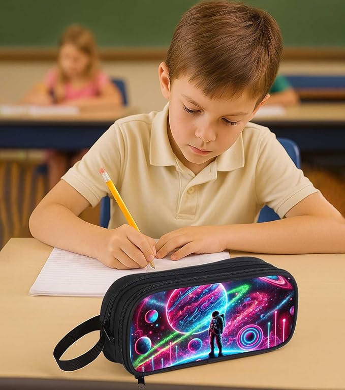 AnySmic Astronaut Pencil Case for Boys and Girls, Large Capactiy Pencil Pouch for Kids and Teen, Polyester with 2 Compartments & Zippers, Pen Box and Pen Bag Organizer Gifts for Student Aged 6-18