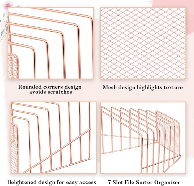 2 Pcs 7 Section Incline File Sorter Metal Wire Mesh File Rack for Desktop Letter Sorter for Magazine Folder Book Organizer Home Office School Paper Mail Desk Storage Holder (Rose Gold)
