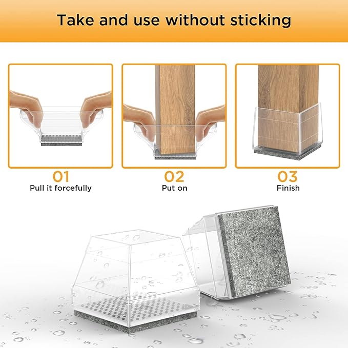 Square Chair Leg Protectors for Hardwood Floors,16 Pcs Silicone Felt Furniture Legs Caps to Prevent Floor from Scratches and Reduce Noise, Easy to Move, (Clear, Fit: 0.866-1.14").