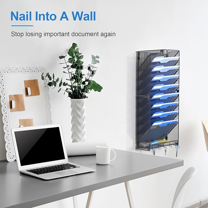 OUTWOLF 10 Tier Hanging Wall File Organizer Wall Mount Paper Document Folder Holder with Hooks for Home Office Organization