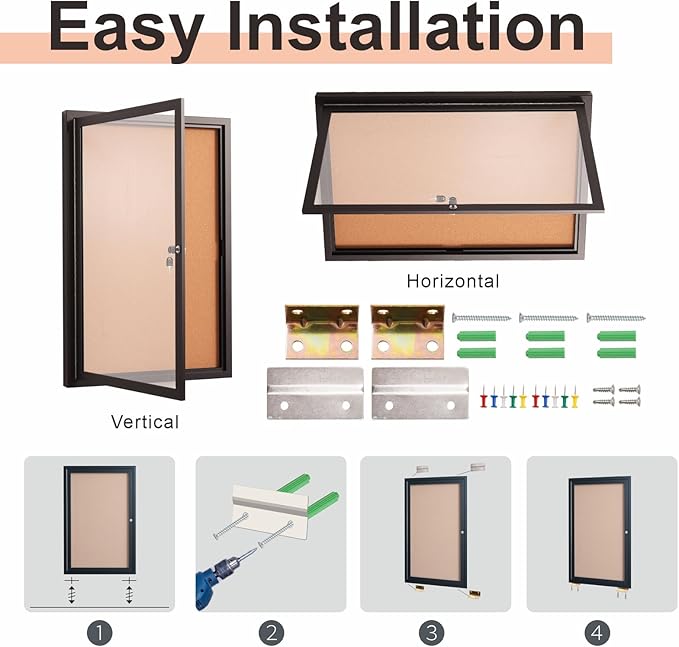 36x24 Inch Lockable Enclosed Bulletin Board, Weather-Resistant Outdoor Noticeboard with Locking Doors, Wall-Mounted Black Aluminum Frame & Cork Presentation Board