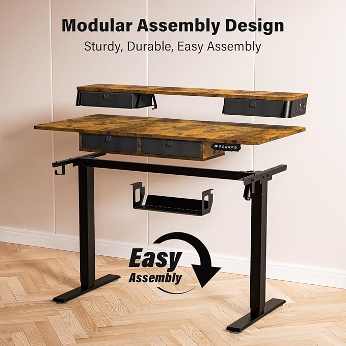Kingant 55 x 24 Inch Electric Standing Desk with 4 Drawers, Height Adjustable Sit to Stand Computer Desk with Storage Shelf and C-Clamp Mount Compatibility for Home Office, Rustic Brown