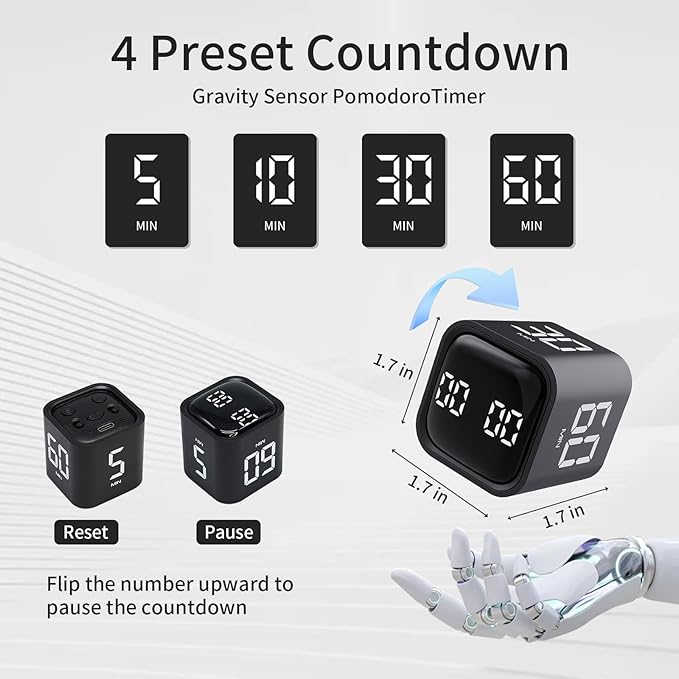 Productivity Timer Flip Gravity Sensor Cube Timer Countdown & Countup,Mute & Vibrate & Sound，5/10/30/60min & Custom Timing, Perfect for ADHD,Work,Learning,Kitchen Cooking (1Black)