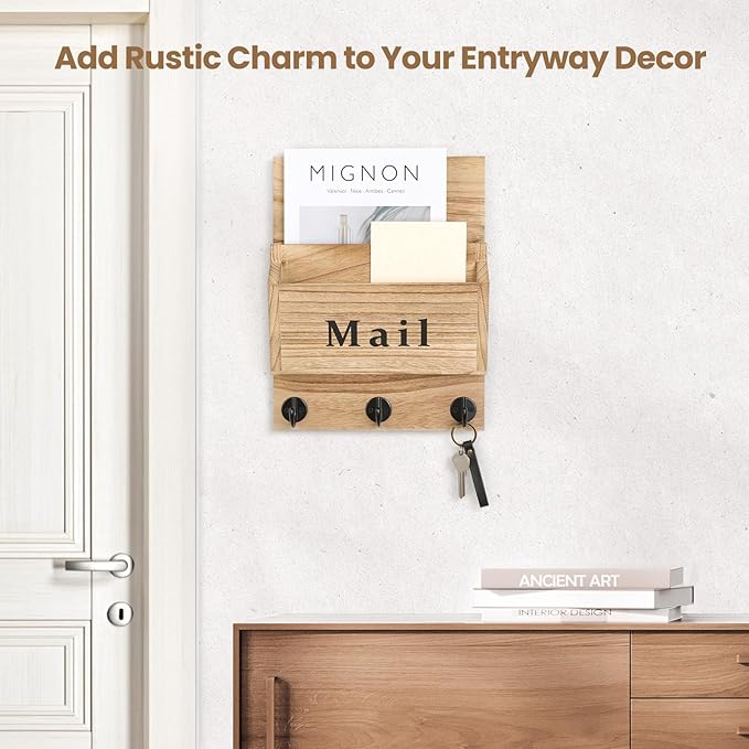 Lucundm Mail and Key Holder - Decorative 9.8" x 12.5" Wall Key Hanger with 2 Mail Organizer Slots and 3 Hooks - Real Paulownia Wood with Keyhole Brackets, Hardware and Instructions (Wood)