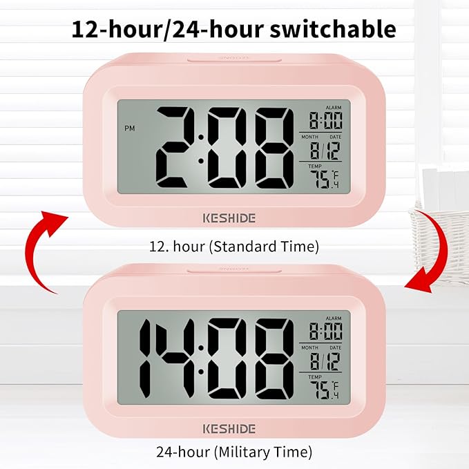 KESHIDE Travel Digital Alarm Clock Battery Operated with Indoor Temperature, Desk Small Clock,Snooze Model,12/24H Display for Bedrooms Heavy Sleepers Kids Travel Bathroom