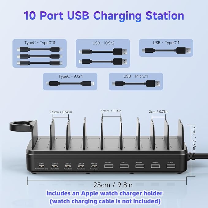 285W Charging Station for Multiple Devices, 10 Ports Fast Multi-Device Charger Organizer Compatible with MacBook Pro Laptop, iPhone, Android, Ipad, Tablet, Kindle, Multi-Device Charging Dock（Black）