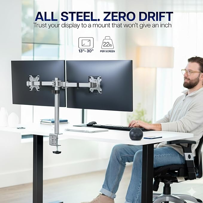 VIVO Dual Monitor Desk Mount, Heavy Duty Fully Adjustable Steel Stand, Holds 2 Computer Screens up to 30 inches and Max 22lbs Each, Gray Color, STAND-V002-GY