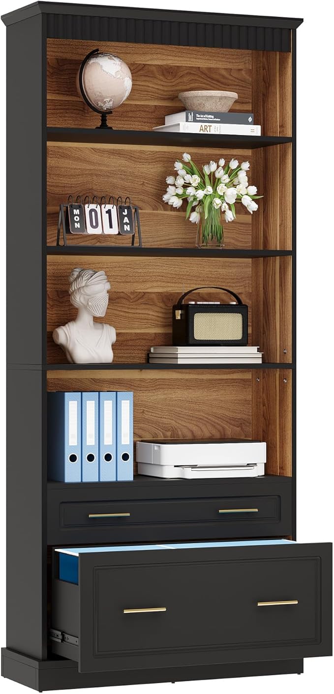 Tribesigns Way to Origin 2-Drawer Vertical File Cabinet for Letter Size, Moder Filing Cabinet with 5-Tier Bookshelf, Large Printer Stand with Open Storage Shelves for Home Office (Black)
