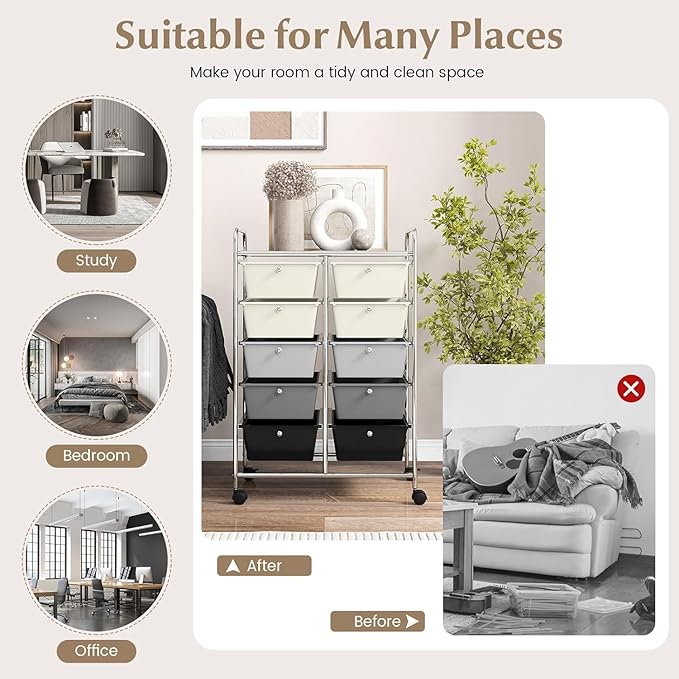 LDAILY 10 Drawer Rolling Cart, Storage Cart Organizer on Wheels, Drawer Cart with Metal Frame & Large Storage Capacity, Rolling Cart with Drawers for Living Room Classroom, Office