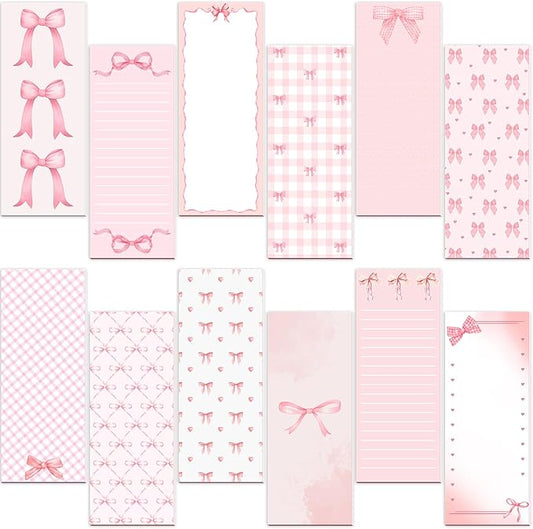 Gersoniel 12 Packs Magnetic Notepads for Refrigerator Monthly Grocery Magnetic List Set to Do List Pads Back Memo Notepad 9 x 3.5 Inches for Fridge Kitchen Shopping Grocery(Pink,Bow)