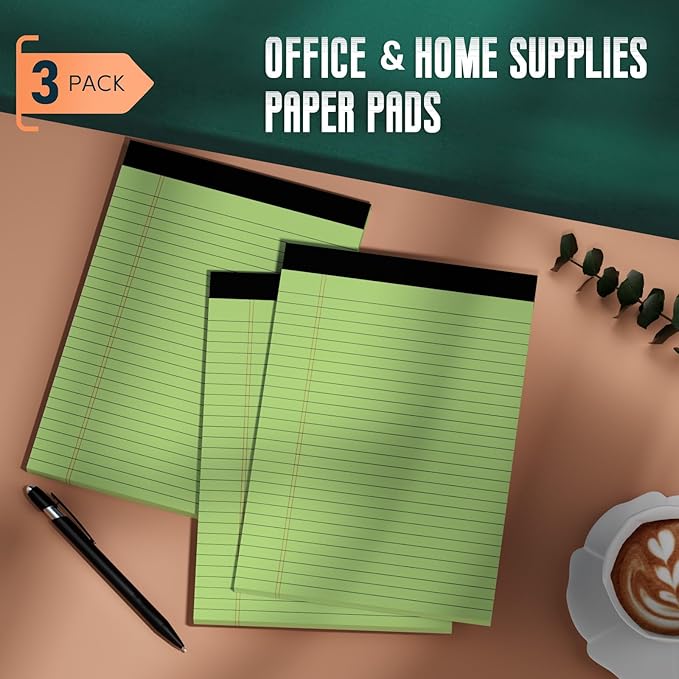 3 Pack Colored Legal Pads 8.5 x 11 Wide Ruled Note Pads, Green Notepads Writing Pads 30 Sheets/Pad, Perforated Lined Paper Note Pad 8.5 x 11 of Paper Notebook To-Do List for School & Office Supplies