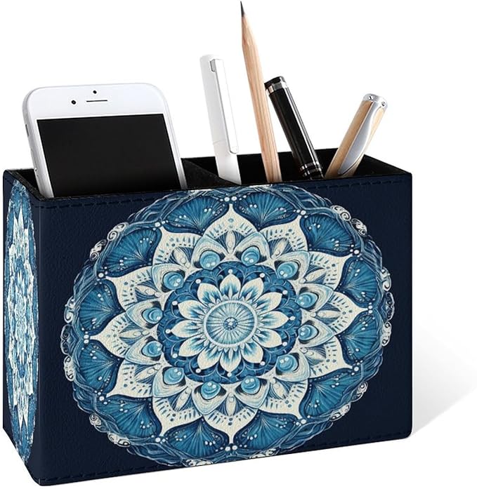 Famame Round Blue Mandala Pencil Holder for Desk, Leather Desktop Container Pen Cup Storage Study Table Pen Organizer Makeup Brush Holder for Classroom Office Home