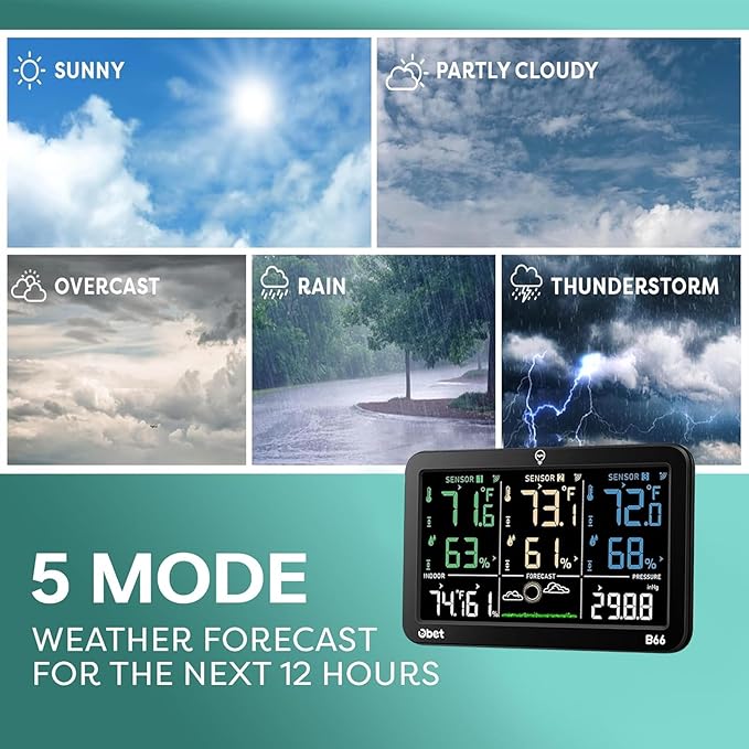 OBET Weather Station Wireless Indoor Outdoor Thermometer Wireless, Color Display Digital Temperature and Humidity Monitor with 3 Sensors, Alerts, Adjustable Backlight, USB Port (500 Feet)