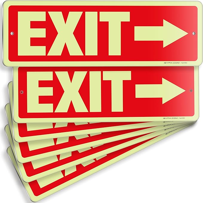 iSYFIX Exit Signs with Directional Right Arrow, Glow in the Dark, Photoluminescent Aluminum 12x4 Inch - 6 Pack, Laminated for UV & Weather Resistance, Ideal for Offices, Schools, Theaters & More