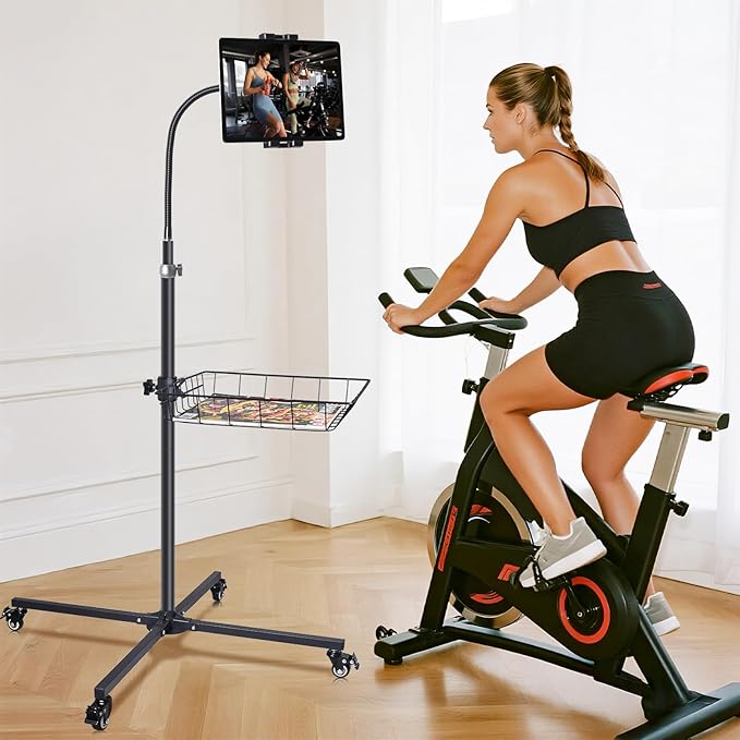 Coslony Adjustable Floor Standing Tablet Stand with Storage Basket, Mobile Rolling Base, Height Adjustable Metal Frame