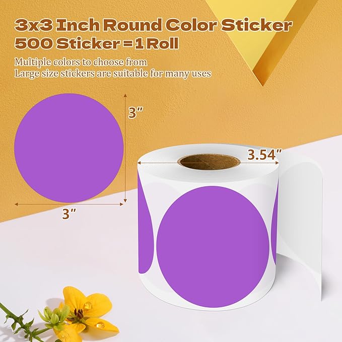 3 Inch Round Color Coding Labels (500 per Roll) - Colored Dot Stickers Round Labels for Inventory, Warehouse, Office Organizing - Purple Circle Stickers