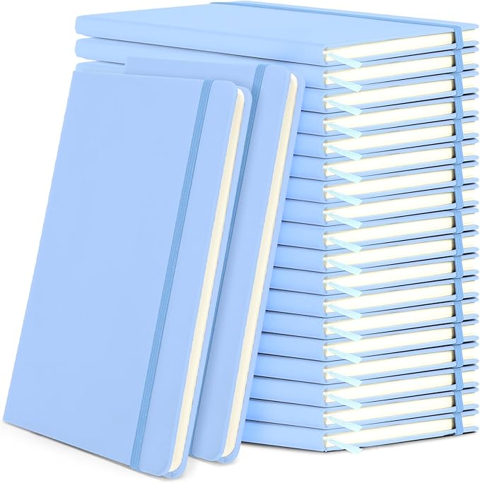 Honoson 20 Pack Lined Journal Notebooks A5 Hardcover Executive Notebook 5.5" x 8.3" PU Leather Wide Ruled Journals Bulk with Elastic Band for Home Business Office School Supplies(Light Blue)