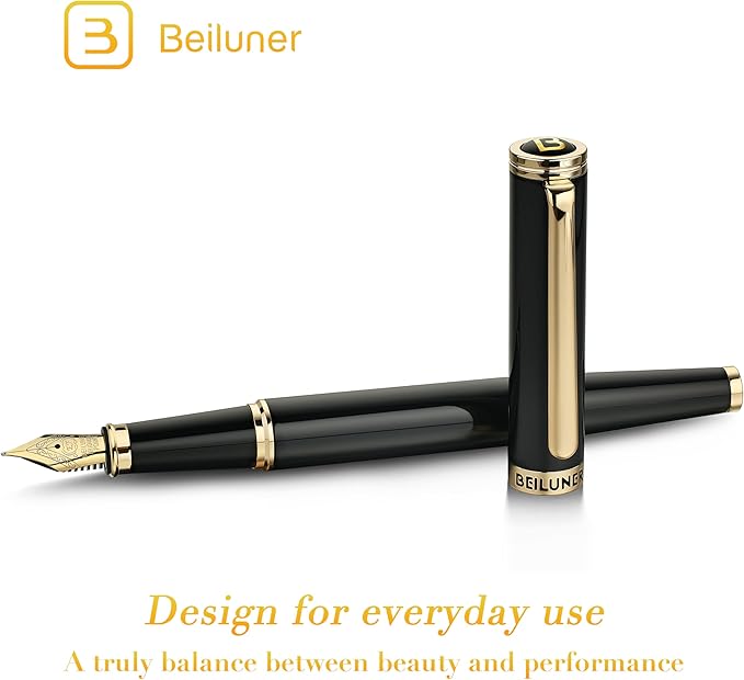 BEILUNER Black Fountain Pen,Stunning Luxury Pens with 24K Gold Accents, Gorgeous 24K Gilded Nib(Extra Fine), Fancy Pen Gift for Men&Women -Ink Converter-Elegant, Reliable,Christmas Presents, Nice Pen