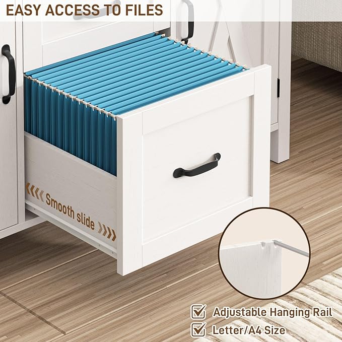 Vabches File Cabinet with 3 Drawers, Farmhouse Lateral File Cabinet Fits Files Letter/A4 Size, Wooden Filing Cabinet with Door and Adjustable Shelves Printer Stand for Home Office, Rustic White