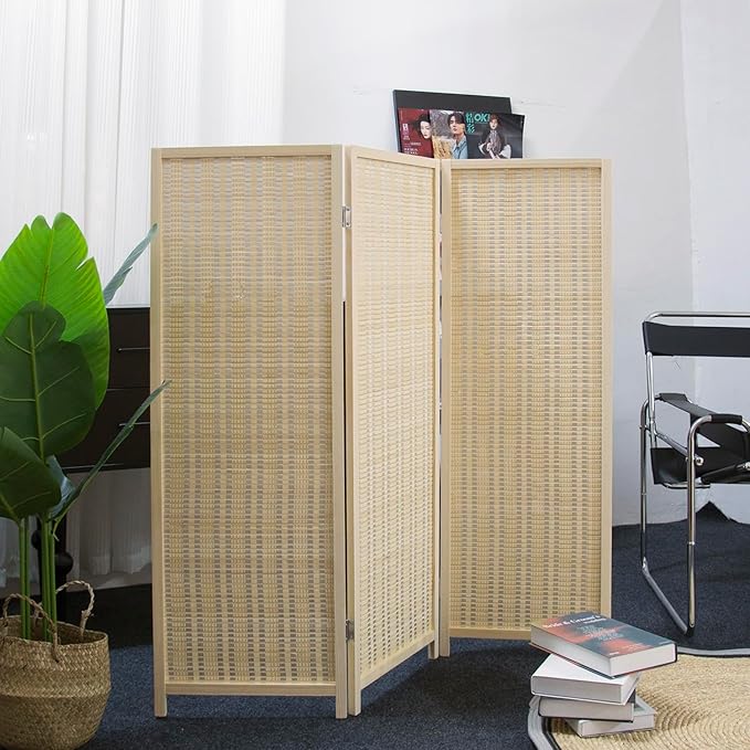 Furnnylane 3 Panel Short Room Divider Screen,Beige Freestanding Partition,Small Bamboo Panel Divider for Room Seperation,3.95 FT Tall