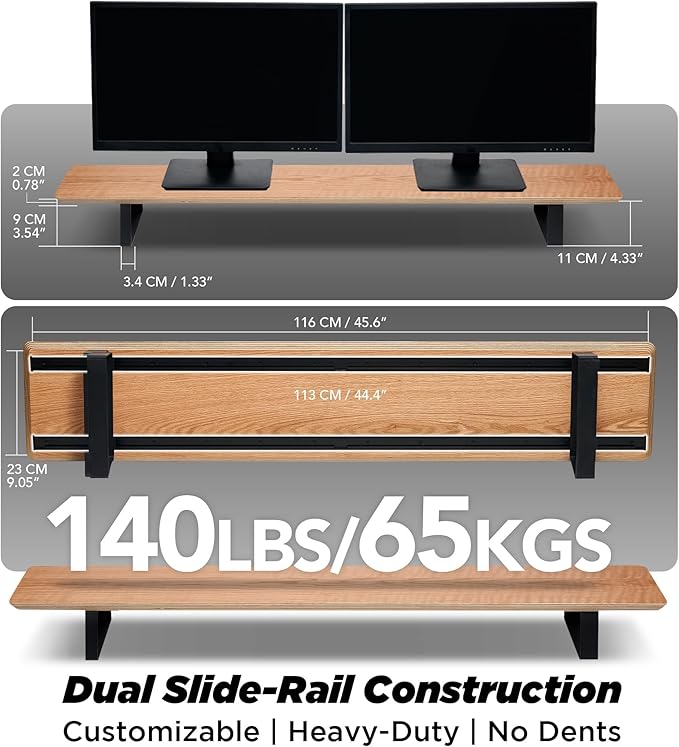 ULTRARM Moodular Wooden Monitor Stand 45.6” (116cm) Large Desk Organizer with Metal Slide Rails for Drawer, Tray, Laptop, Tablet, Phone & Headphones Customizable Riser for Organized Workspace Oak