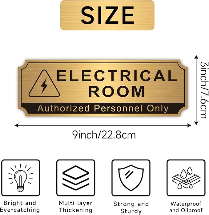 Electrical Room Sign for Business Door，Self-Adhesive Durable Brushed Gold Electric Closet Room Sticker for Home, UV and Weather Resistant Authorized Personnel Only Signs for Business ，Workplace