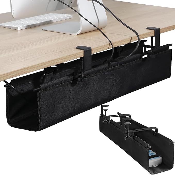 MAXECHO Under Desk Cable Management Tray 28" - Clamp on Wire and Cable Organizer for Storage and to Hide Cords - Ideal for Home Office - Premium Black Fabric Design
