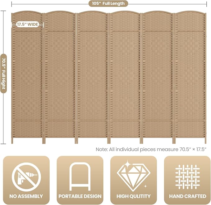 Cocosica 6 Panel Room Divider,6Ft Folding Privacy Screen,Tall - Extra Wide Foldable Panel Partition Wall Divider with Diamond Double-Weaved Hand-Woven Design Room Screen Divider