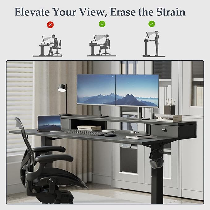 Klicelor 63 Inch Electric Standing Desk with Drawers, Adjustable Height Small Sit Stand Desk for Home Office, Compact Computer Workstation with Storage– Black